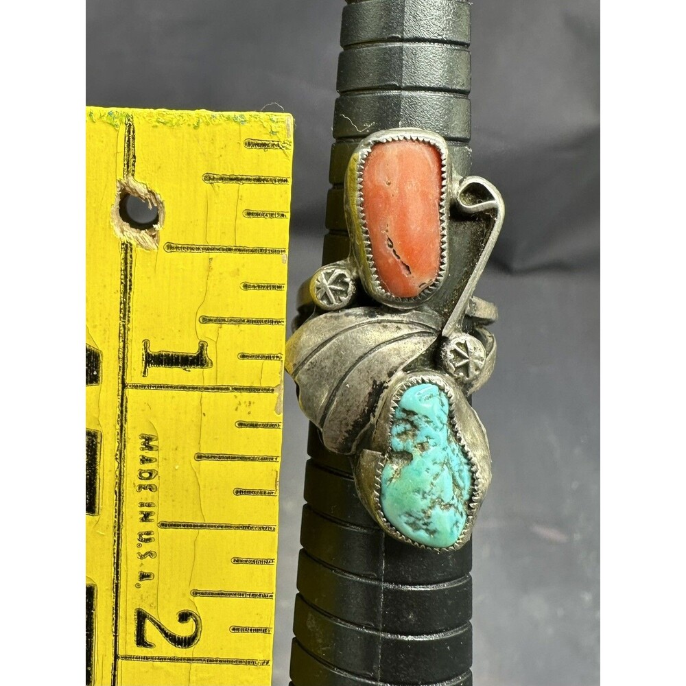 Navajo Native American Sterling Silver Turquoise Coral Leaf Swirl RING - Picture 2 of 8
